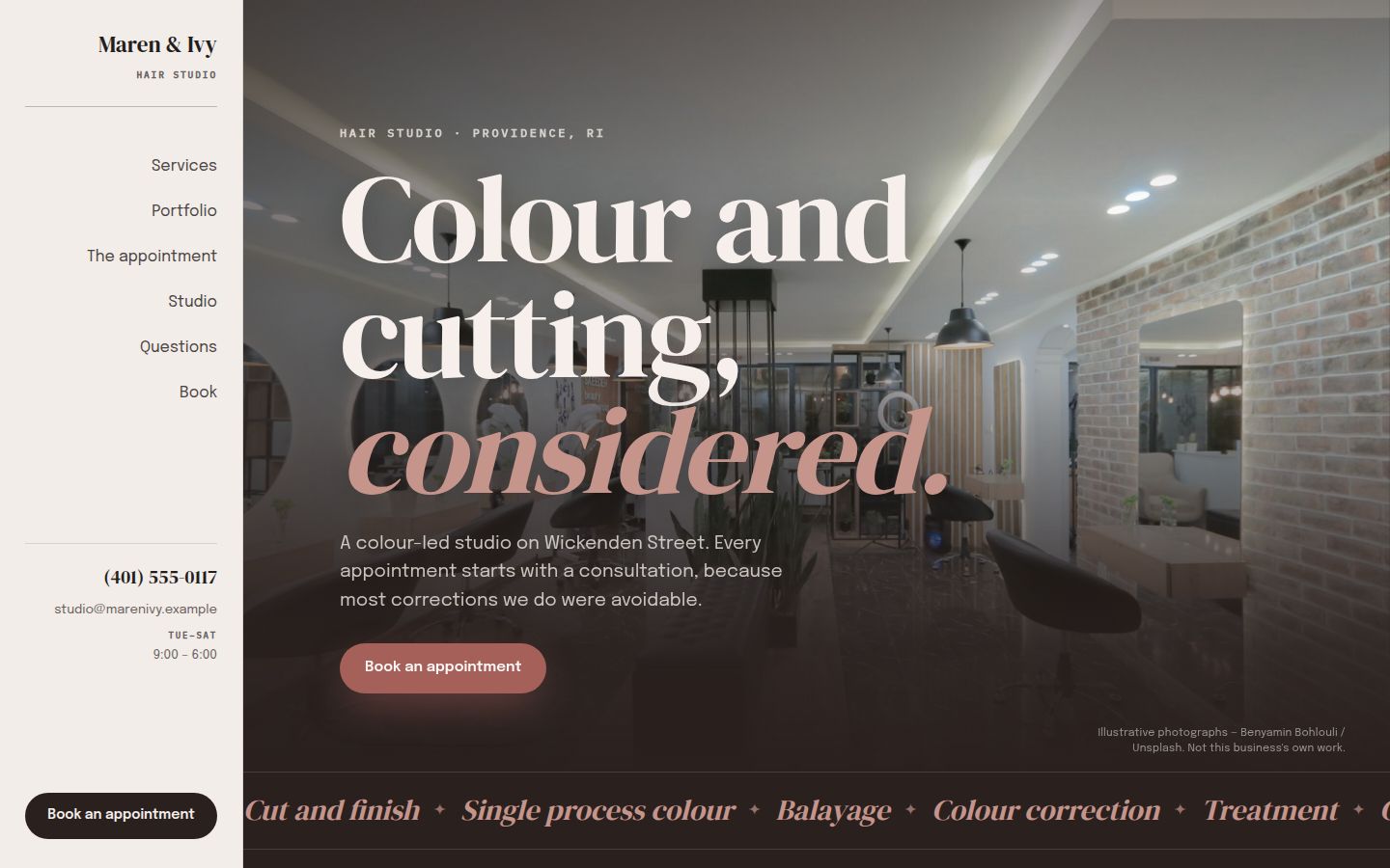 Concept homepage in the Salon / Beauty family